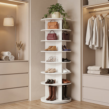 White 7-tier rotating shoe rack tower by Wilsons Home Store, freestanding shoe organizer with spinning design for entryway storage.