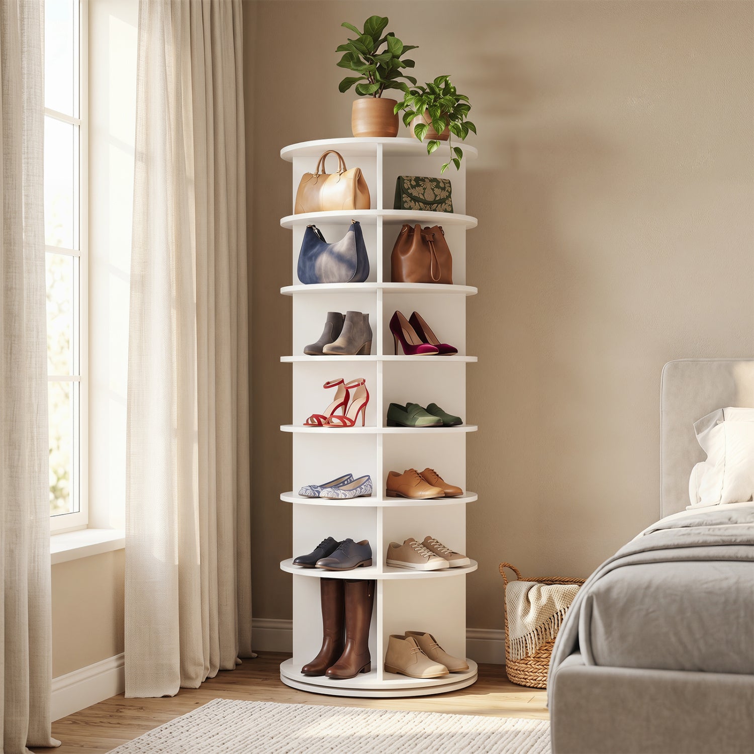 White 7-tier rotating shoe rack tower by Wilsons Home Store, freestanding spinning shoe organizer for entryway storage.