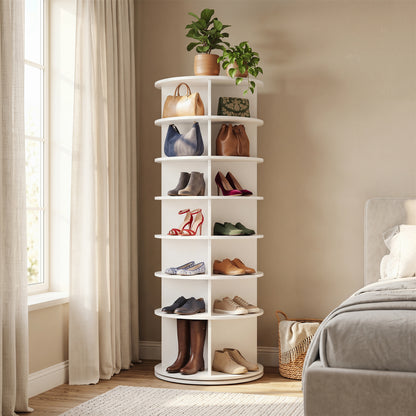White 7-tier rotating shoe rack tower by Wilsons Home Store, freestanding spinning shoe organizer for entryway storage.