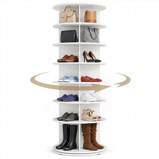 White 7-tier rotating shoe rack tower by Wilsons Home Store, freestanding spinning shoe organizer for entryway storage.
