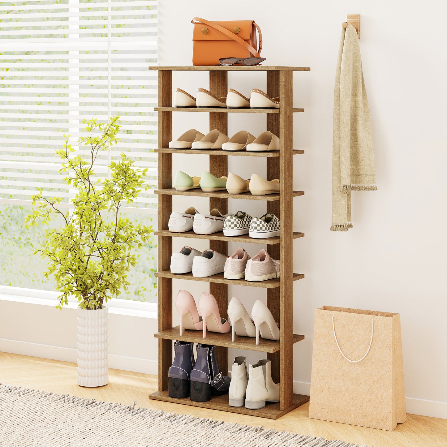 7 Tiers Patented Vertical Shoe Rack for Front Door-Natural