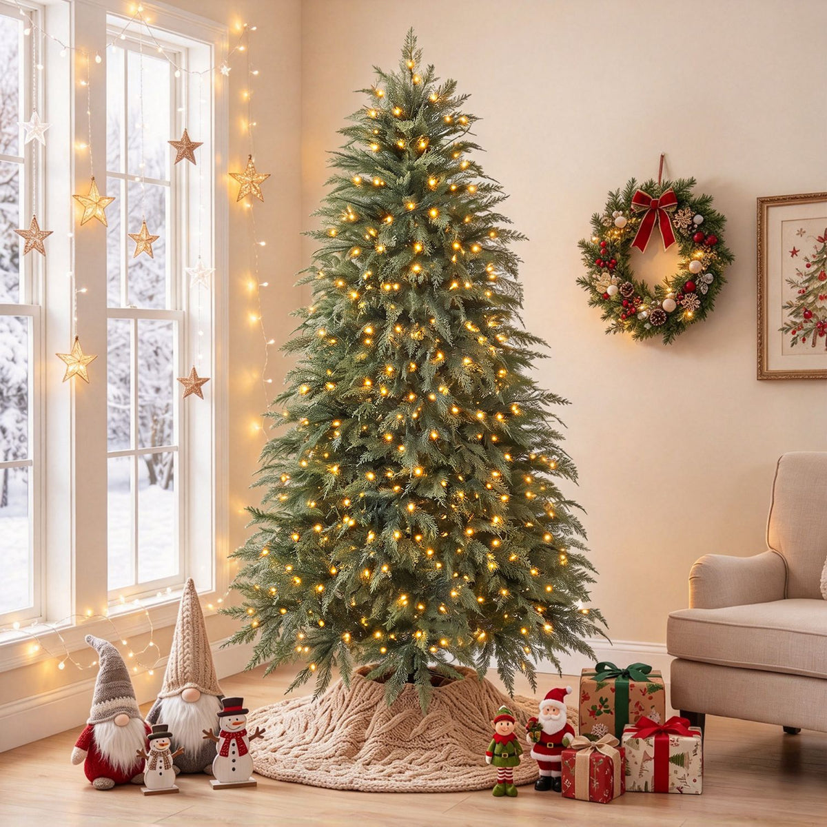 7 ft Artificial Christmas Tree with 406/722/1010/1372 Full Branch Tips and 245/355/435/525 Warm White LED Lights
