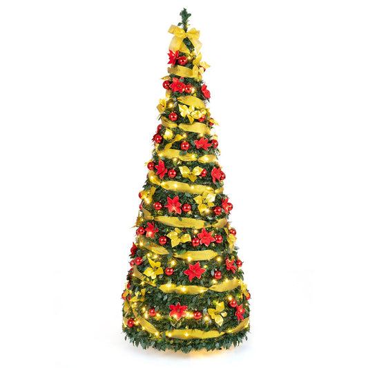 7 ft pop-up Christmas tree by Wilsons Home Store with satin ribbon, 65 Christmas balls, and 8 lighting modes for holiday decor.