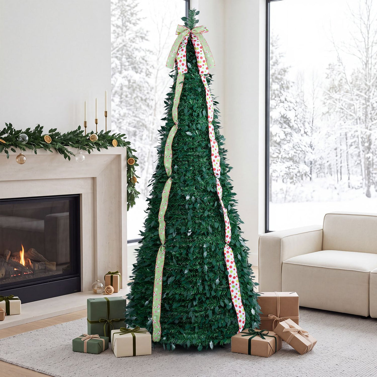 7 ft Pop Up Christmas Tree with PVC Holly Leaves 4 Festive Satin Ribbons and Top Christmas Bow