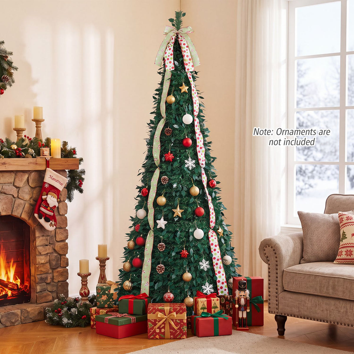 7 ft Pop Up Christmas Tree with PVC Holly Leaves 4 Festive Satin Ribbons and Top Christmas Bow