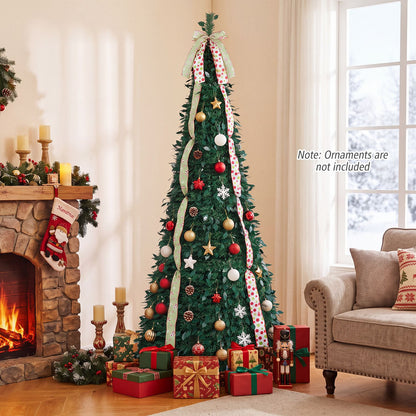 7 ft Pop Up Christmas Tree with PVC Holly Leaves 4 Festive Satin Ribbons and Top Christmas Bow