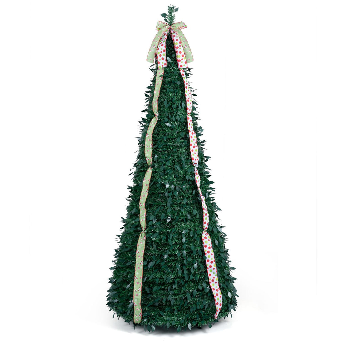 7 ft Pop Up Christmas Tree with PVC Holly Leaves 4 Festive Satin Ribbons and Top Christmas Bow
