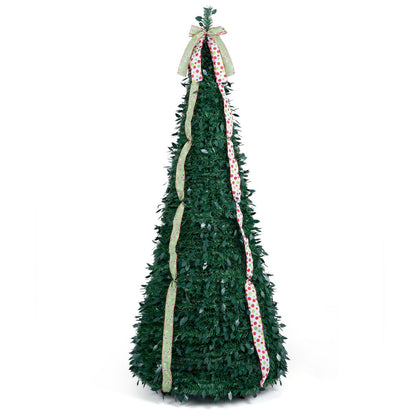 7 ft Pop Up Christmas Tree with PVC Holly Leaves 4 Festive Satin Ribbons and Top Christmas Bow