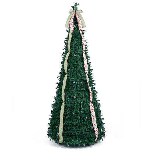7 ft pop-up Christmas tree with PVC holly leaves, satin ribbons, and a decorative top bow for holiday decor.
