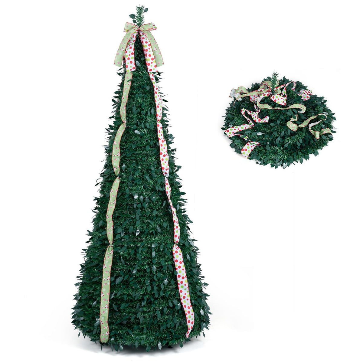 7 ft Pop Up Christmas Tree with PVC Holly Leaves 4 Festive Satin Ribbons and Top Christmas Bow