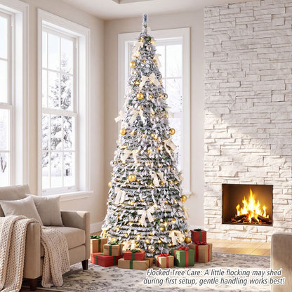 7 ft Pop Up Flocked Christmas Tree with 30 Christmas Bows and 35/50 Christmas Balls