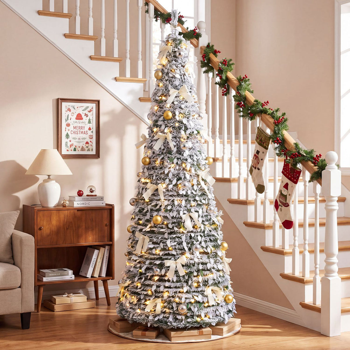 7 ft Pop Up Flocked Christmas Tree with 30 Christmas Bows and 35/50 Christmas Balls