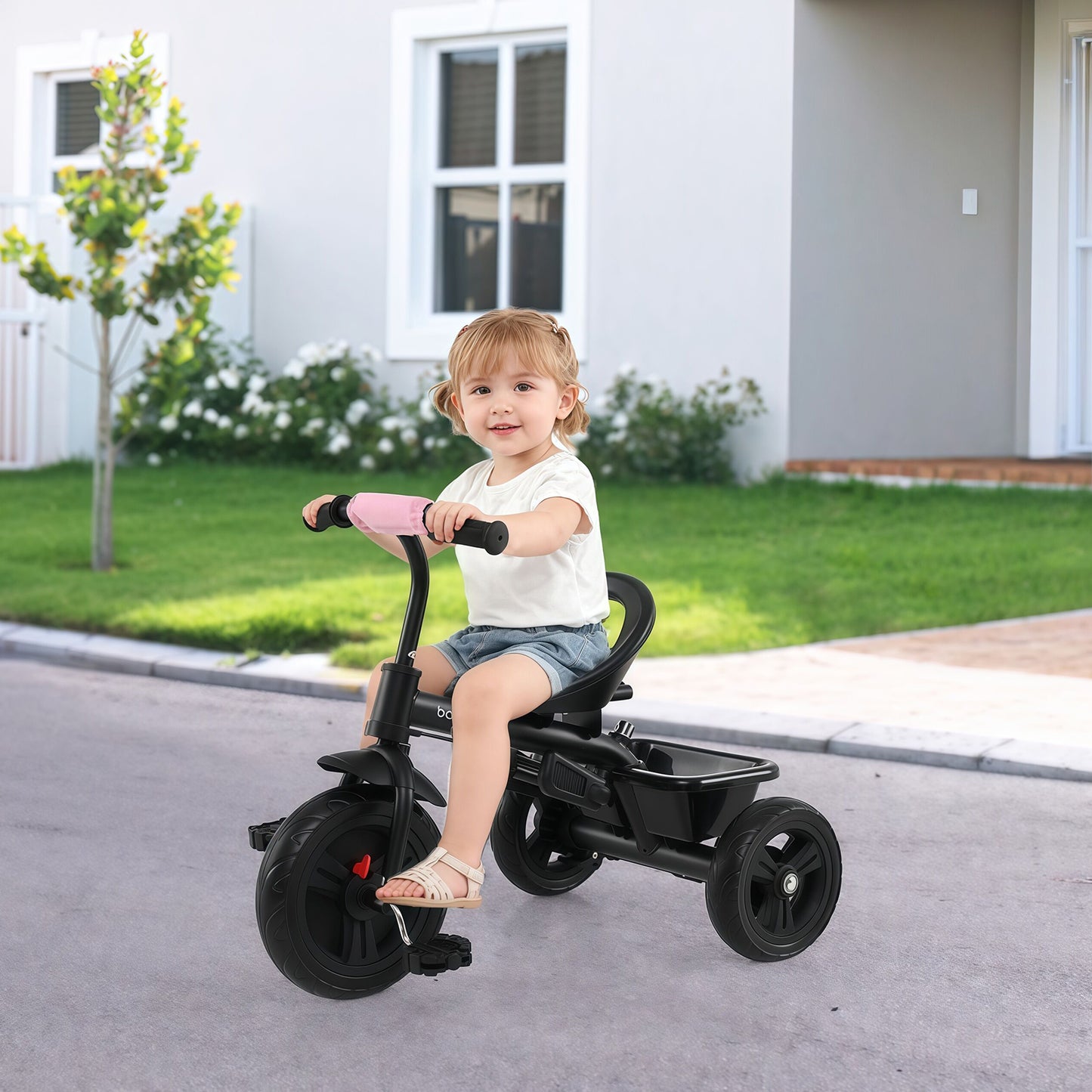 7-in-1 Baby Stroller Tricycle with Adjustable Canopy and Foldable Footrests for Ages 9-60 Months Old-Gray