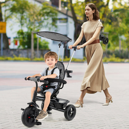7-in-1 Baby Stroller Tricycle with Adjustable Canopy and Foldable Footrests for Ages 9-60 Months Old-Gray