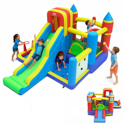 7-in-1 Bouncy Castle with Slide Ball Pit and Basketball Hoop without Air Blower for Kid Backyard Indoor Outdoor