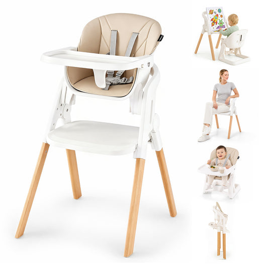 Beige 7-in-1 convertible foldable baby high chair with adjustable tray for kids, showing its versatile design and safety features.