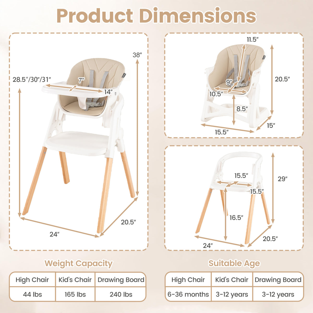 7-in-1 Convertible Foldable Baby High Chair with Adjustable Tray for Kids-Beige