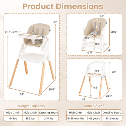 7-in-1 Convertible Foldable Baby High Chair with Adjustable Tray for Kids-Beige