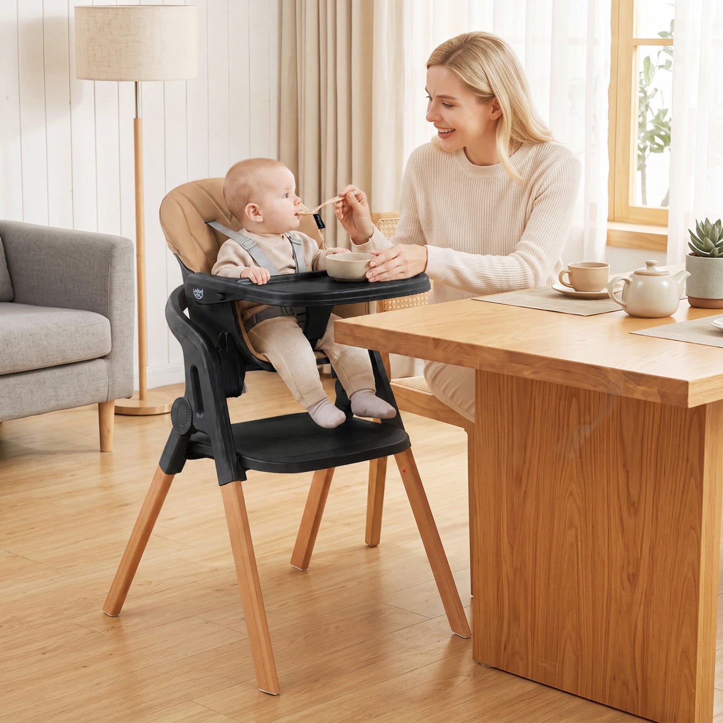 7-in-1 Convertible Foldable Baby High Chair with Adjustable Tray for Kids-Beige