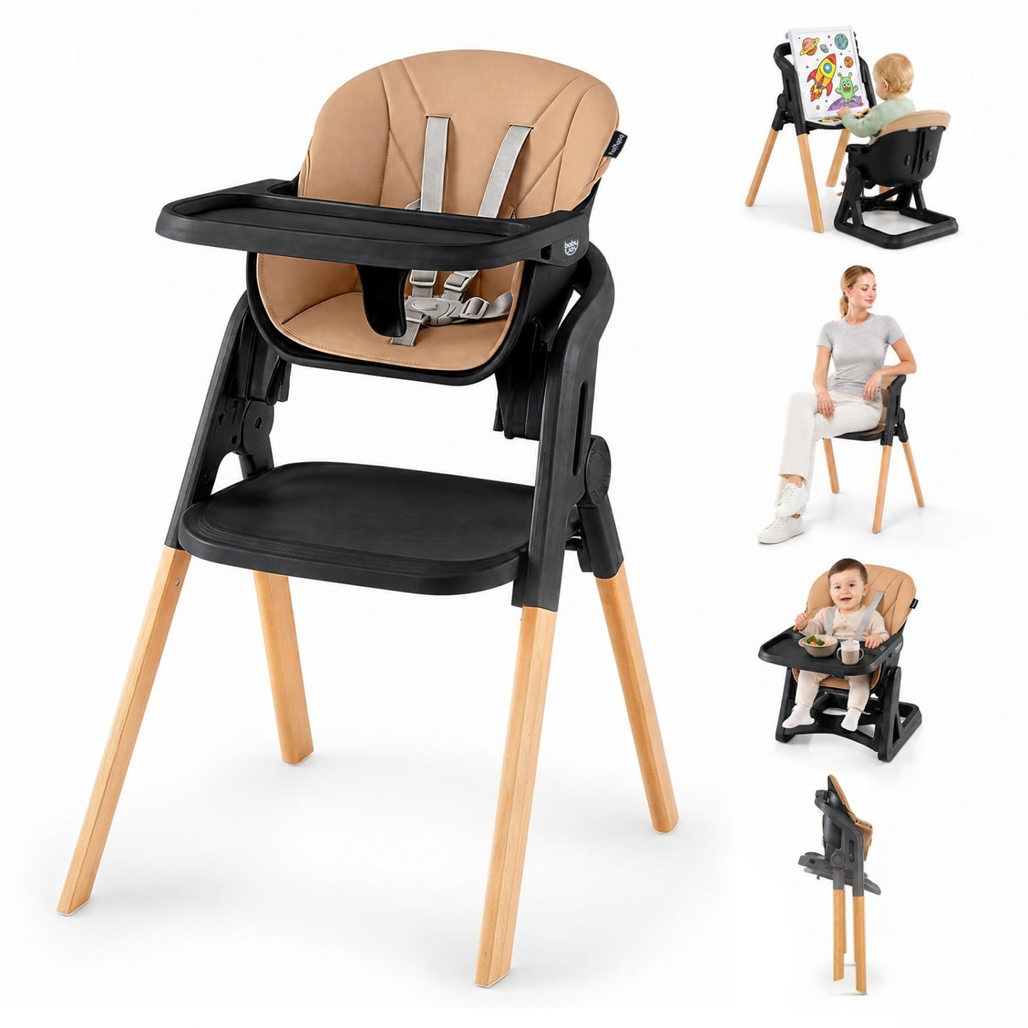 7-in-1 Convertible Foldable Baby High Chair with Adjustable Tray for Kids-Beige