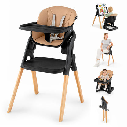 7-in-1 Convertible Foldable Baby High Chair with Adjustable Tray for Kids-Beige