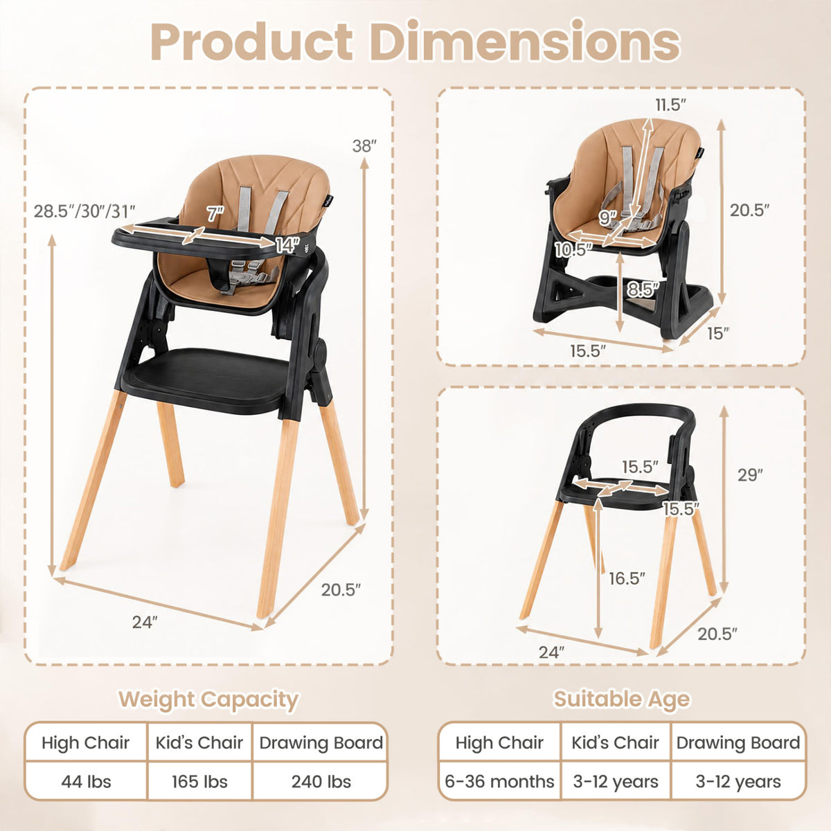 7-in-1 Convertible Foldable Baby High Chair with Adjustable Tray for Kids-Beige