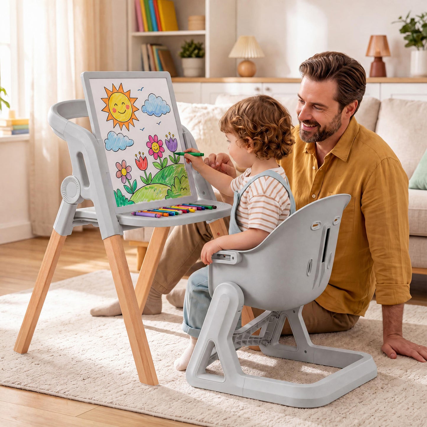 7-in-1 Convertible Foldable Baby High Chair with Adjustable Tray for Kids-Beige
