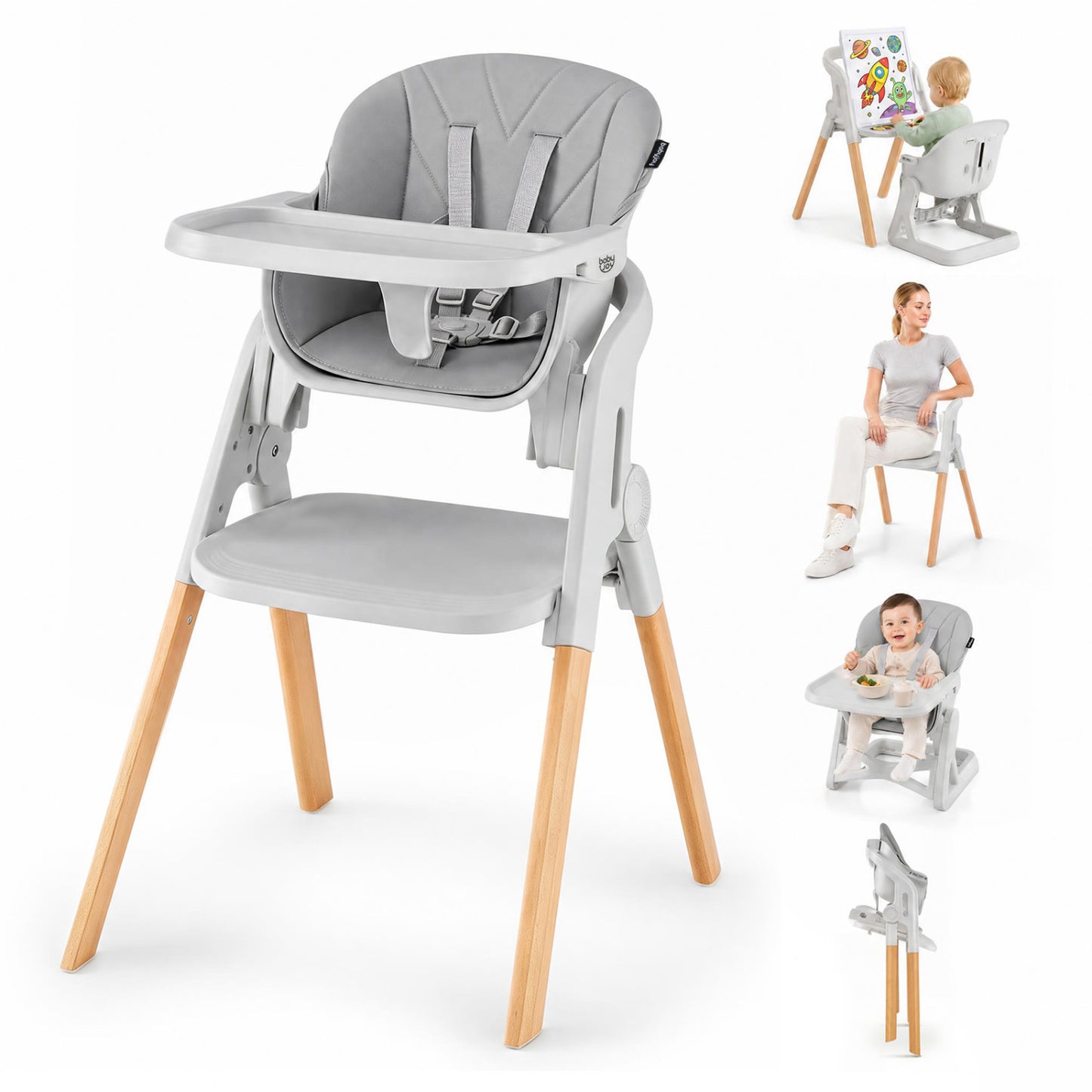 7-in-1 Convertible Foldable Baby High Chair with Adjustable Tray for Kids-Beige