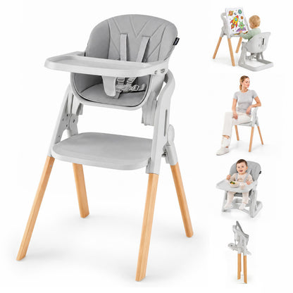 7-in-1 Convertible Foldable Baby High Chair with Adjustable Tray for Kids-Beige