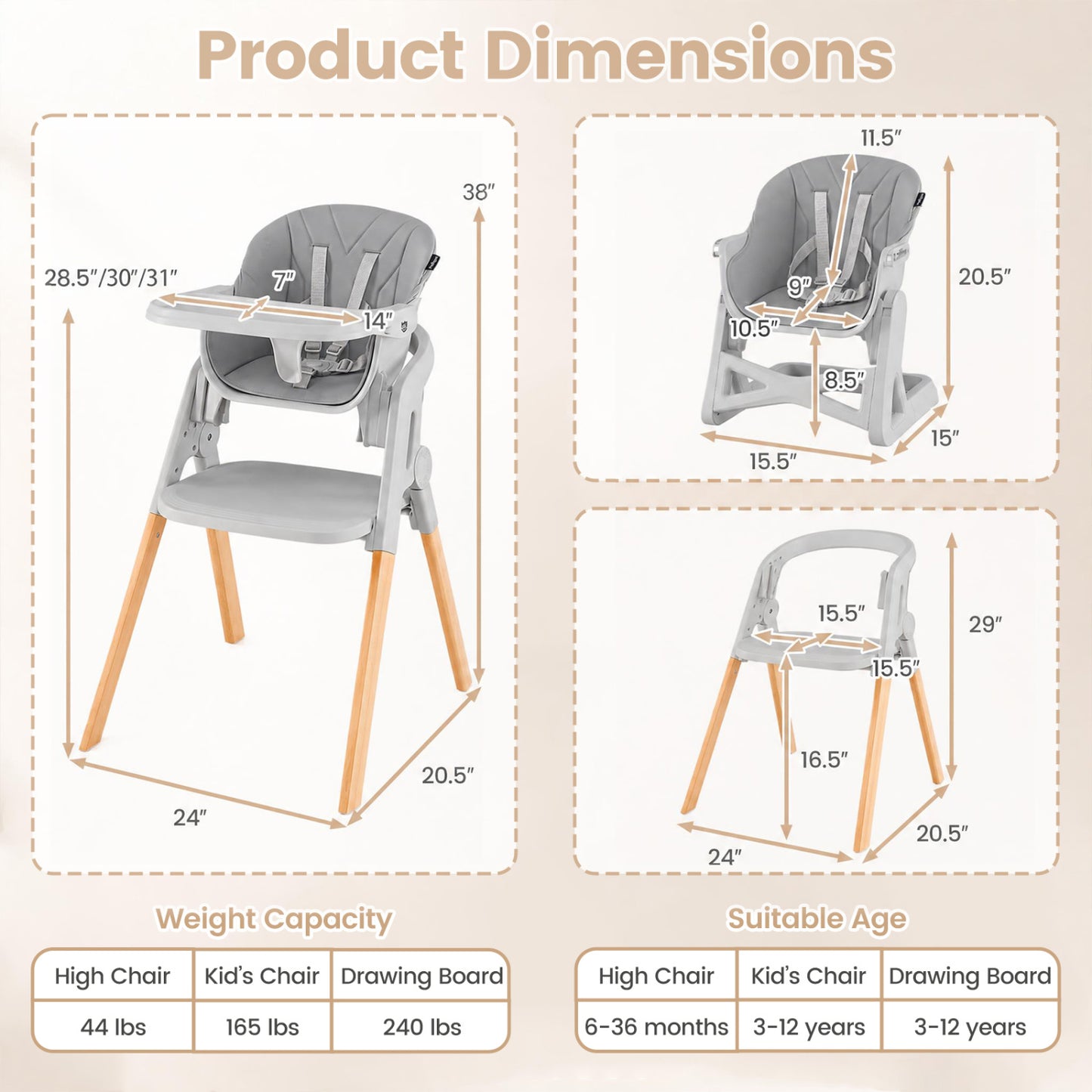 7-in-1 Convertible Foldable Baby High Chair with Adjustable Tray for Kids-Beige