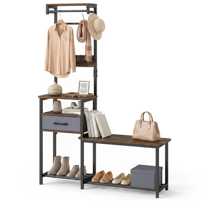 Rustic brown 7-in-1 hall tree with shoe bench, hooks, and removable drawer for entryway organization and storage.
