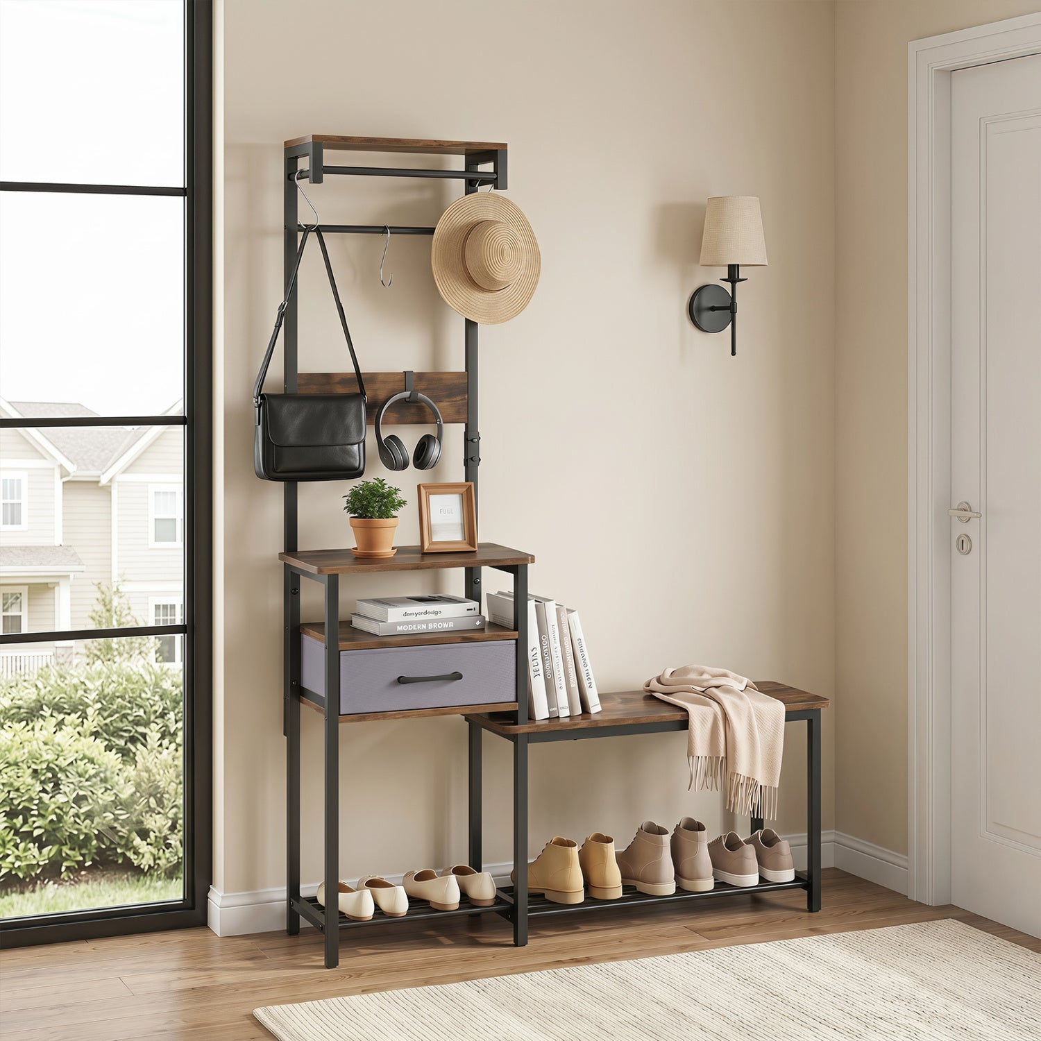 Rustic brown 7-in-1 hall tree with shoe bench, hooks, and removable drawer for entryway organization and storage.