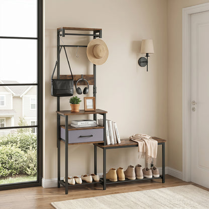 Rustic brown 7-in-1 hall tree with shoe bench, hooks, and removable drawer for entryway organization and storage.