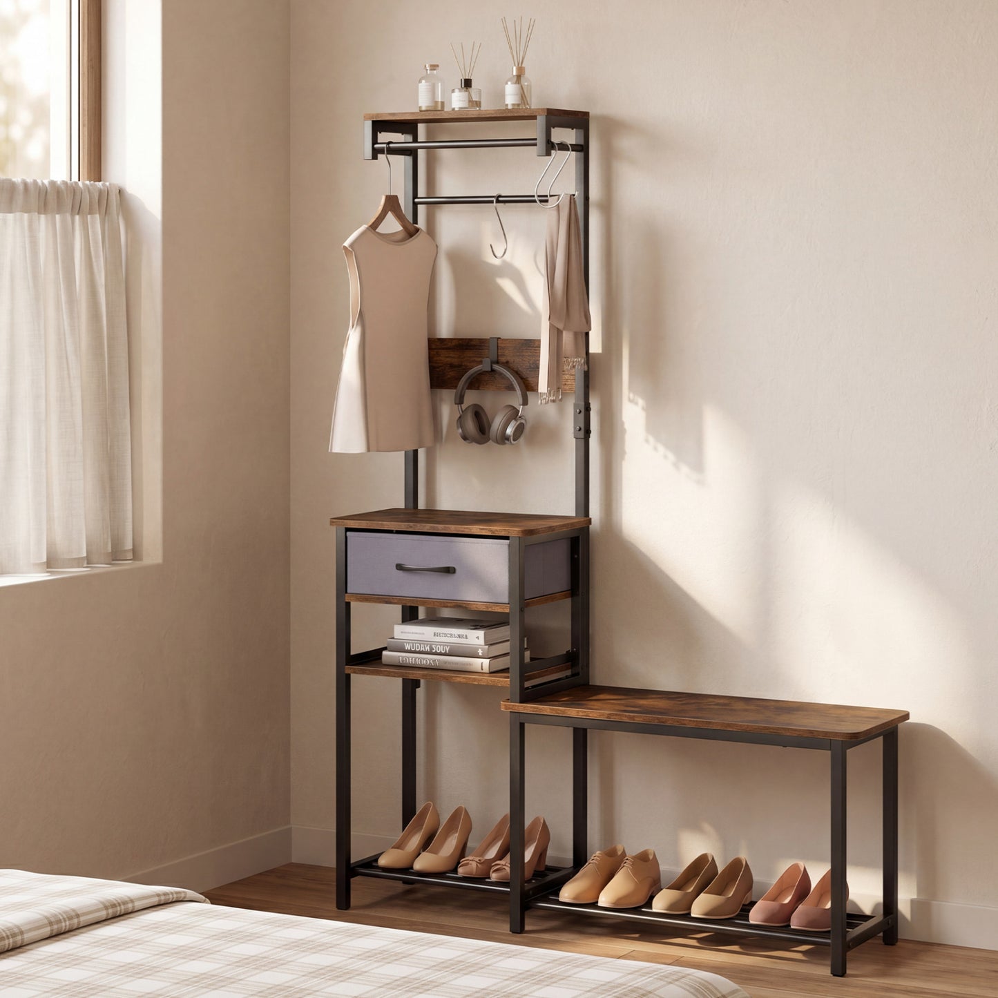 Rustic brown 7-in-1 hall tree with shoe bench, hooks, and removable drawer for entryway organization and seating.