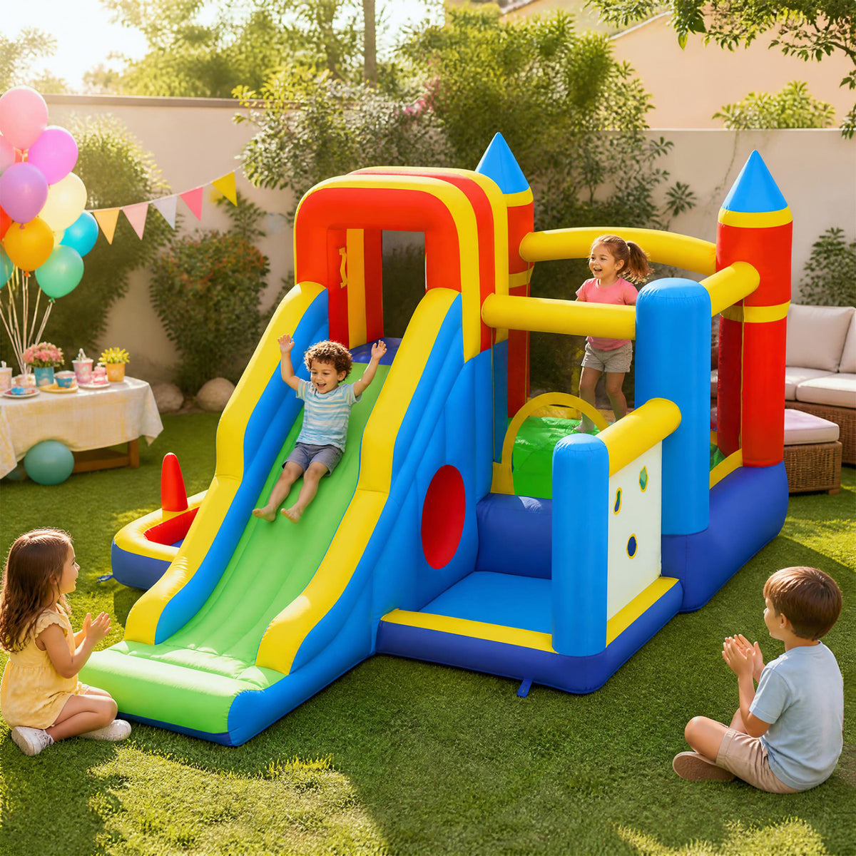 7-in-1 Inflatable Bounce House with Slide and Ball Pit and 680W Blower for Kids