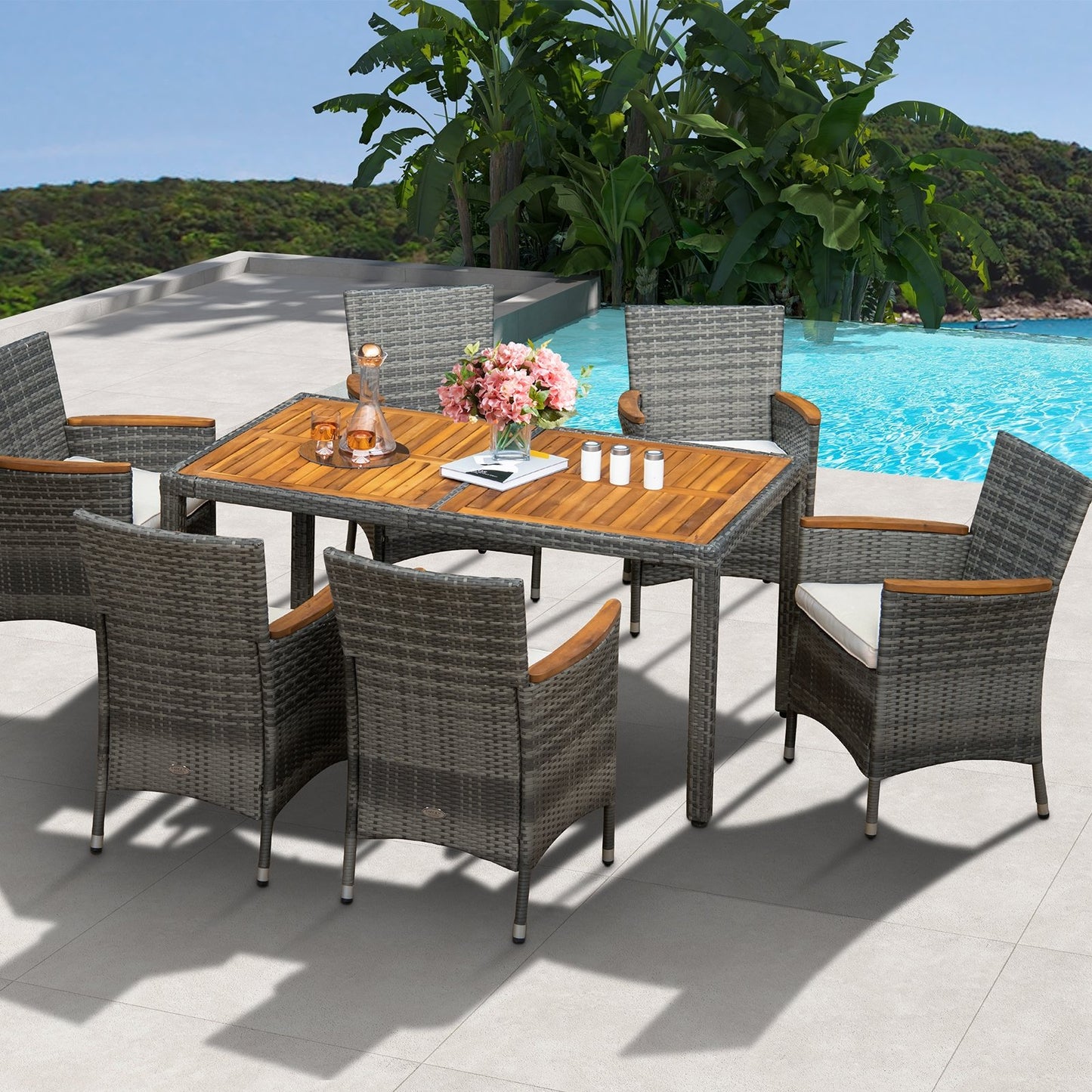 7 Pieces Patio Acacia Wood Cushioned PE Rattan Wicker Dining Set