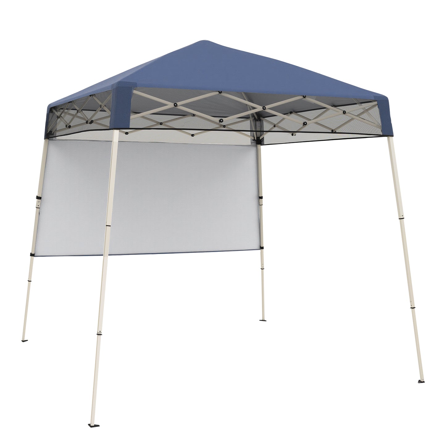 Blue 7x7 ft pop-up canopy tent with push center lock, ideal for outdoor sports, picnics, and camping by Wilsons Home Store.