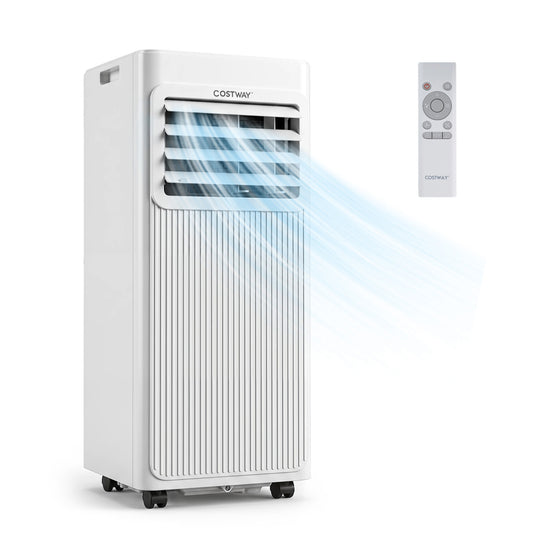 White 8000 BTU portable air conditioner with sleep mode and window kit, designed to cool 350 sq ft rooms.