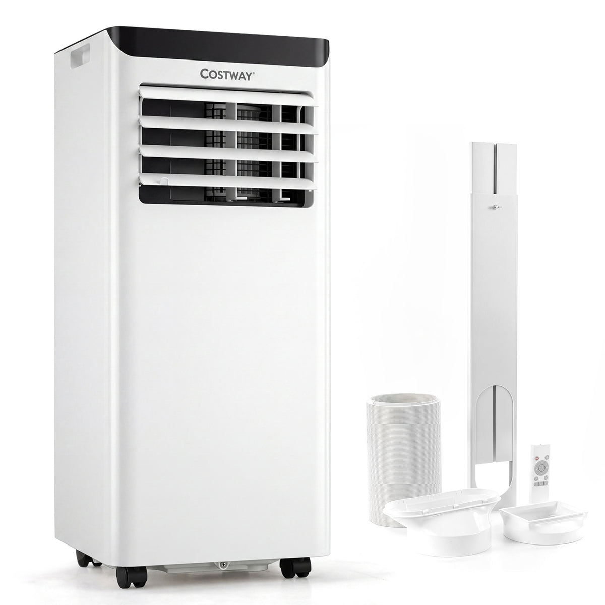 Black 8000 BTU portable air conditioner by Wilsons Home Store with dehumidifier and 24-hour timer, designed for cooling and climate control.