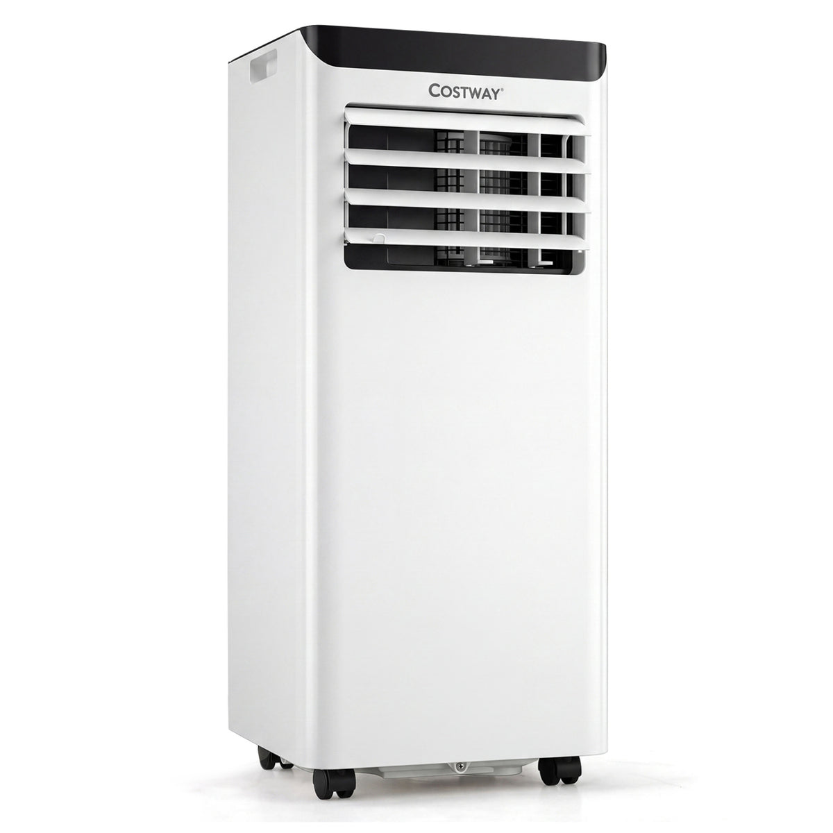 Black 8000 BTU portable air conditioner by Wilsons Home Store, cooling and dehumidifying with 24-hour timer in a modern appliance design.