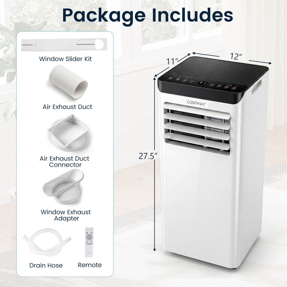 Black 8000 BTU portable air conditioner by Wilsons Home Store with dehumidifier and 24-hour timer for cooling and climate control