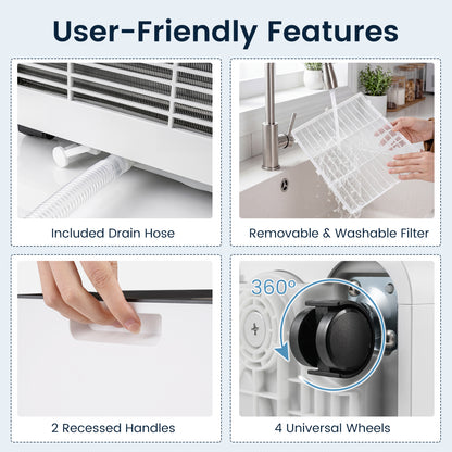 Black 8000 BTU portable air conditioner by Wilsons Home Store with dehumidifier and 24-hour timer, ideal for climate control.