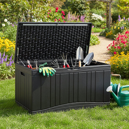 300 L Outdoor Deck Box with Lockable Lid for Garden Tools Cushions-Black
