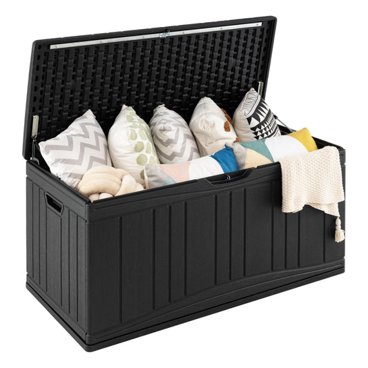 Black 300L outdoor deck box with lockable lid for garden tools and cushions, made by Direct by Wilsons Home Store.