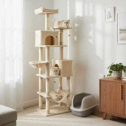 80 Inches Tall Cat Tree with 2 Large Condos and Dangling Toys-Beige