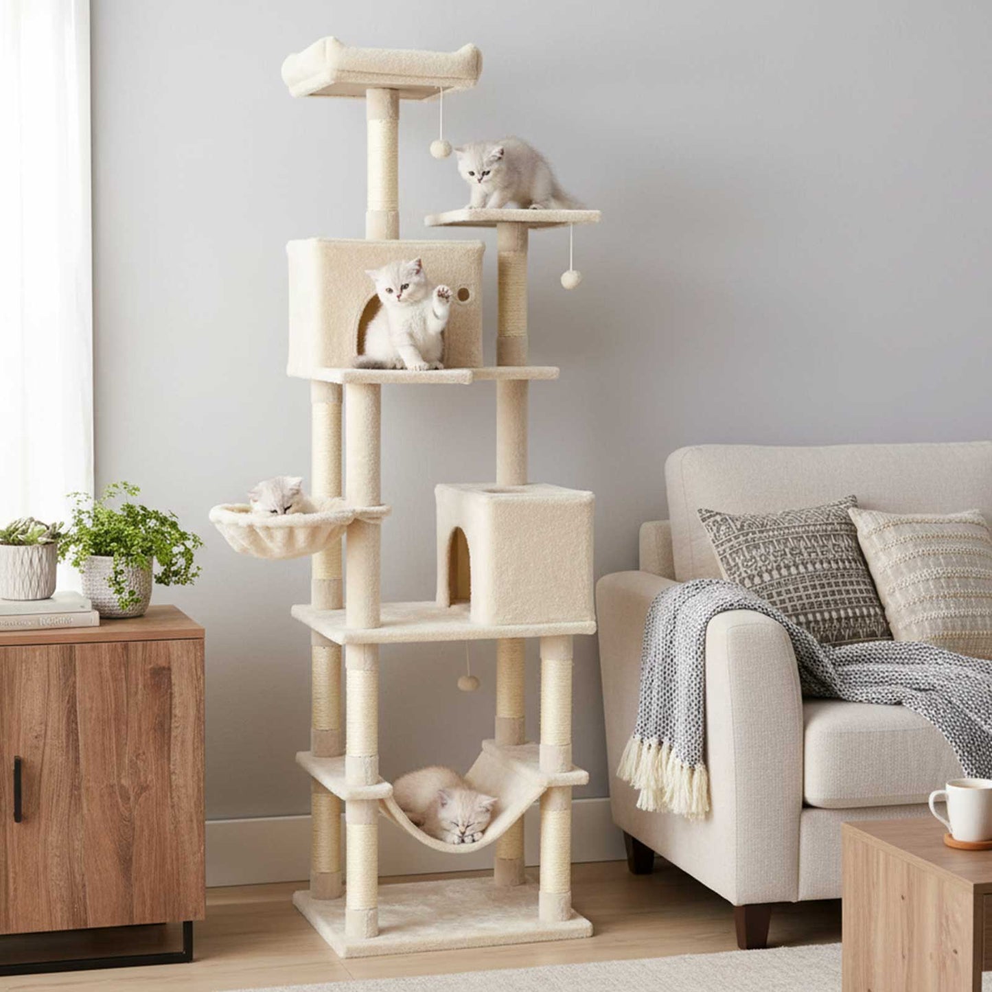80 Inches Tall Cat Tree with 2 Large Condos and Dangling Toys-Beige