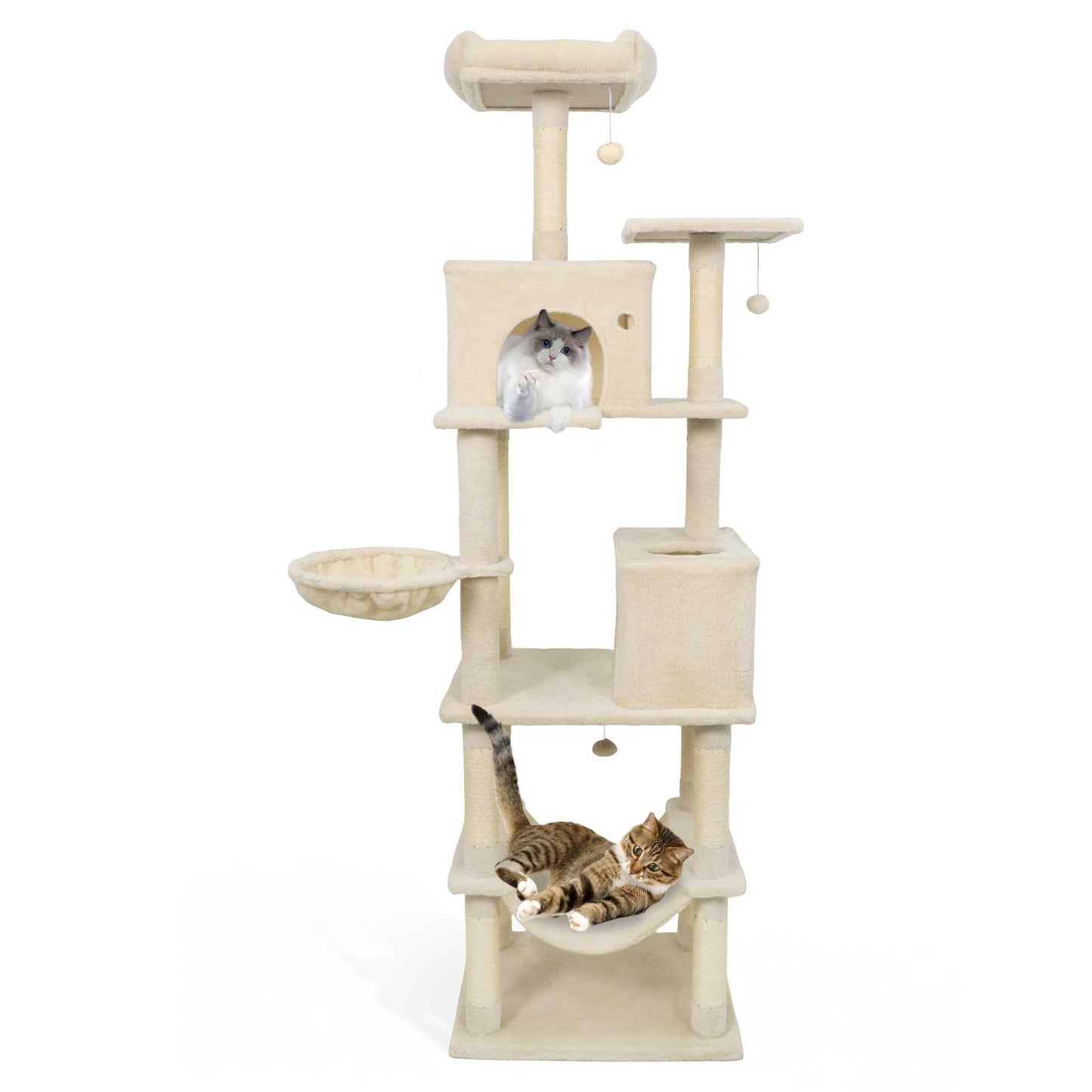 80 Inches Tall Cat Tree with 2 Large Condos and Dangling Toys-Beige
