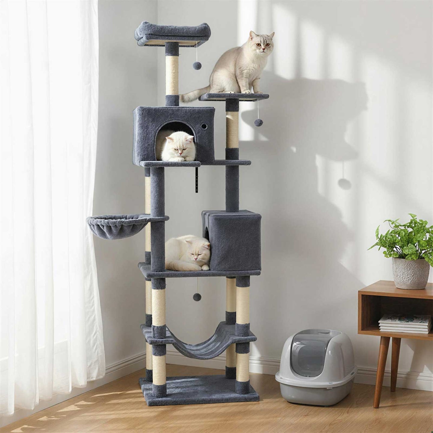 80 Inches Tall Cat Tree with 2 Large Condos and Dangling Toys-Beige