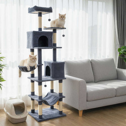 80 Inches Tall Cat Tree with 2 Large Condos and Dangling Toys-Beige