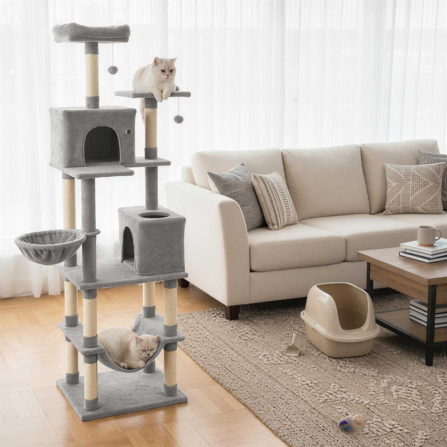 80 Inches Tall Cat Tree with 2 Large Condos and Dangling Toys-Beige